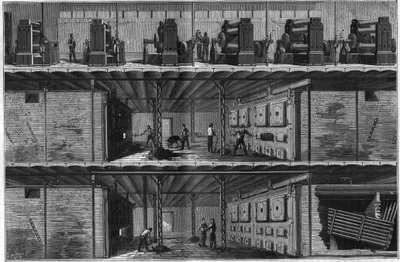 Installation von Kesseln und Dampfdynamos im Central Electricite Distribution Station (Edison System) in New York im Jahr 1884. von Unknown artist