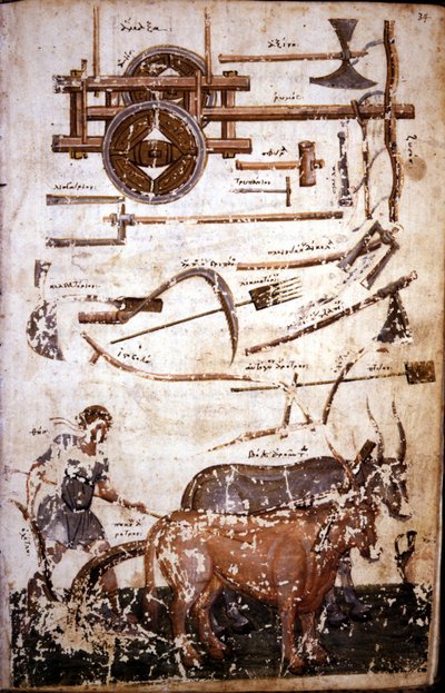 Instrumente zur Feldarbeit und ein Mann beim Pflügen - in „Scutum Herculis (Der Schild des Herakles)“ von Hesiod von Unknown artist