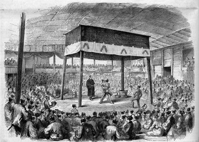 Japanischer Sumokampf in Osaka, Japan. Nach einer Zeichnung von C. Wirgman. Gravur in „Das Illustrierte Universum“ von Unknown artist