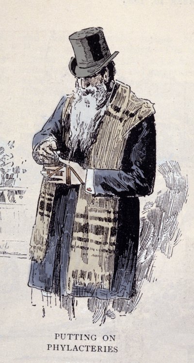 Jüdische Religion: ein alter jüdischer Mann trägt den Gebetsmantel (Talit oder Tzitzit), Stich von 1890 von Unknown artist