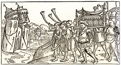 Juden tragen die Bundeslade vor den einstürzenden Mauern von Jericho von Unknown artist