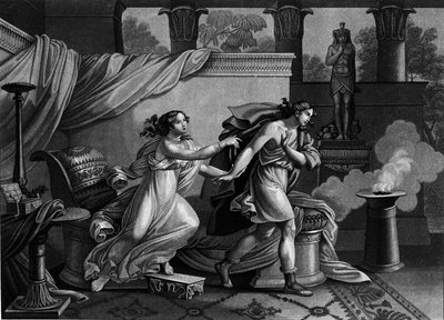 Joseph flieht vor der Frau von Potiphar, die ihn zu verführen sucht. Lithographie des 19. Jahrhunderts von Unknown artist