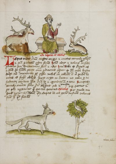 Jupiter als älterer bärtiger Mann zwischen einem Hirsch und einem Hasen thronend; Ein Wolf unter einem Baum von Unknown artist