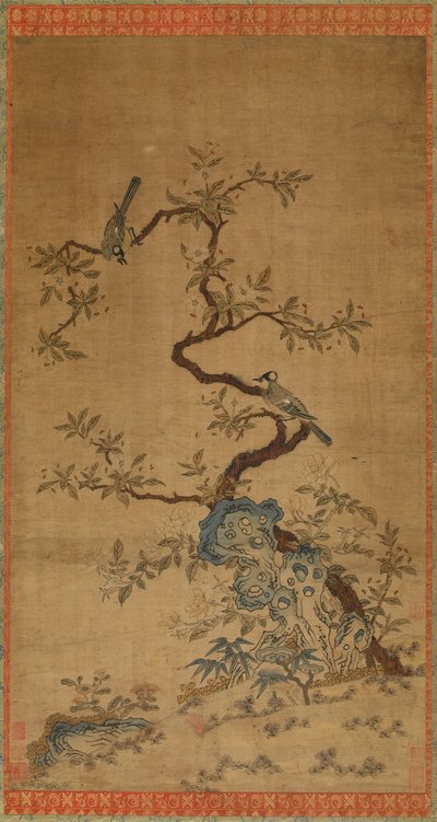 Kesi-Wandteppich mit zwei Vögeln und einem blühenden Baum von Unknown artist