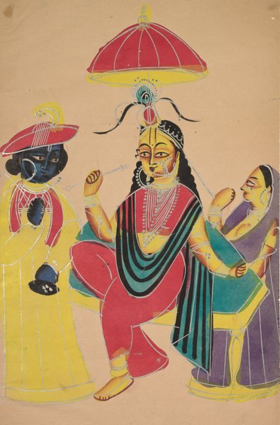 Krishna steht neben Radha, die auf einem Stuhl sitzt von Unknown artist
