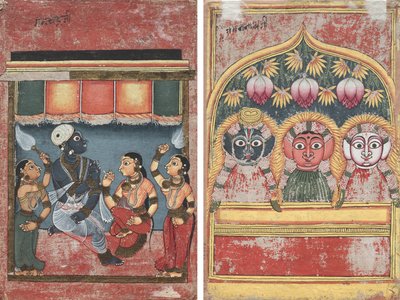 Krishna mit Radha und zwei Begleitern (recto); Jagannath, Subhadra und Balarama in einem Bogen (verso) von Unknown artist