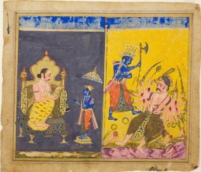Krishnas fünfte und sechste Avatare, Seite aus einer Kopie des Gitagovinda von Jayaveda von Unknown artist