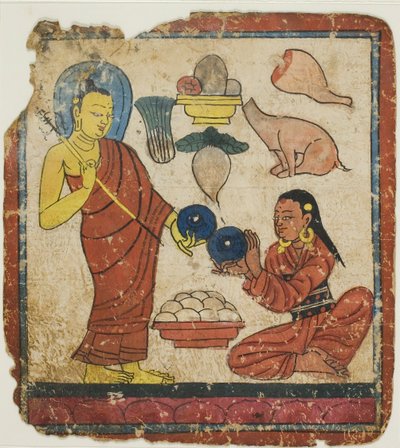 Dame bietet einem Mönch Essen an, aus einem Satz von Initiationskarten (Tsakali) von Unknown artist