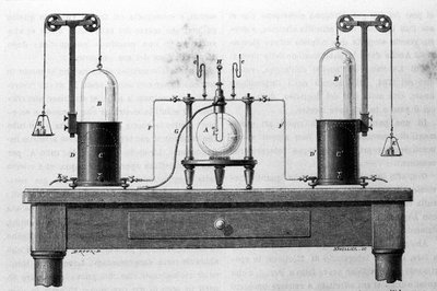 Lavoisier und Laplace Apparat zur Bildung von Wasser durch Verbrennung von Sauerstoff- und Wasserstoffgasen in einer Glasflasche. Gravur des 19. Jahrhunderts von Unknown artist