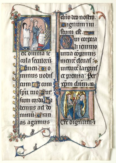 Blatt aus einem Messbuch mit zwei historisierten Initialen: Initiale P[er omnia saecula saeculorum] (Ein Priester feiert Messe) und Initiale V[ere dignum et iustum est] (Ecclesia und Synagoge) von Unknown artist