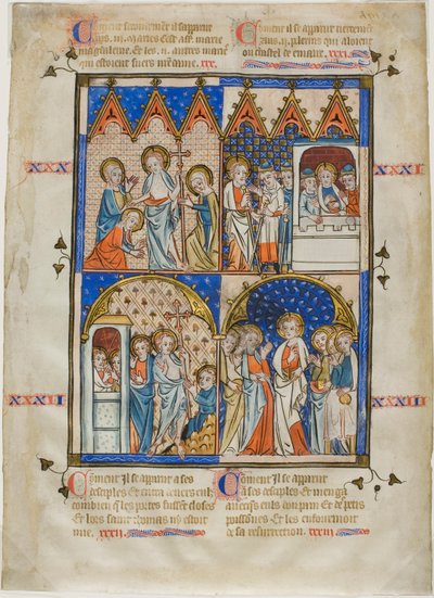 Blatt aus einem Bilderzyklus: Christus erscheint den drei Marien, Christus und die Pilger auf dem Weg nach Emmaus, der zweifelnde Thomas und Christus erscheint den Aposteln von Unknown artist