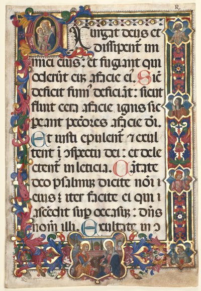 Blatt aus einem Psalter mit vollem Rand mit Medaillons (Verkündigung, SS. Hieronymus, Klara, Sebastian und Bernhardin) und historisierter Initiale (E): Jungfrau und Kind von Unknown artist