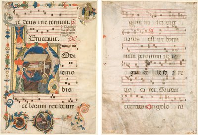 Blatt aus einem Antiphonar mit illustrierter Initiale (H) mit der Geburt Christi (recto) und Musik (verso) von Unknown artist