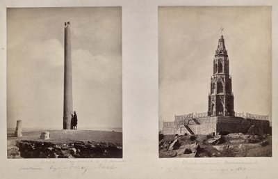 Links: [Ashoka-Säule an ihren heutigen Standort von Feroz Shah versetzt]. Rechts: Denkmal der britischen Soldaten 1859 von Unknown artist