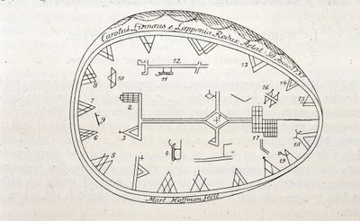 Magische Trommel der Schamanen in Lappland, Illustration eines Buches über Linnés Reise. von Unknown artist