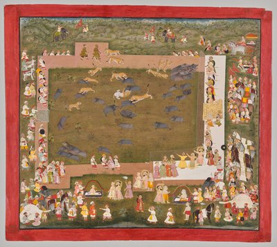 Maharana Sangram Singh II von Mewar (r. 1710–34) und veranstaltet eine Wildschweinjagd mit Tigern in Sadri von Unknown artist