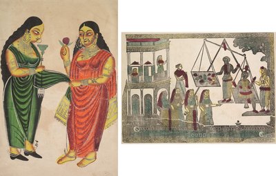 Magd bringt einer Dame eine Wasserpfeife; Krishna gegen wertvolle Gegenstände gewogen von Unknown artist