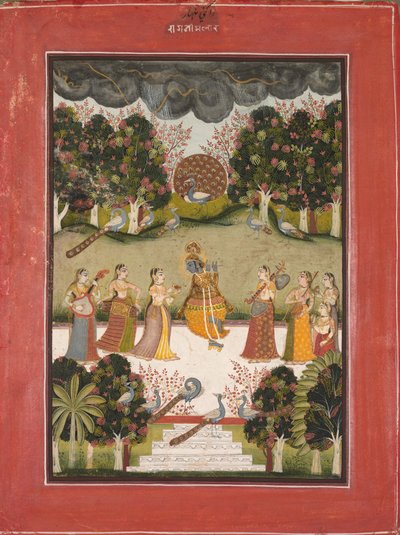 Malar Ragini: Krishna spielt die Flöte für sieben Gopis mit Musikinstrumenten, aus der Ragamala-Serie von Unknown artist