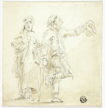 Bettler auf Krücken, mit Frau, die singt und ein Baby hält von Unknown artist