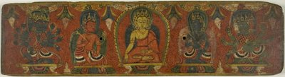 Manuskriptumschlag mit Buddha, zwei Bodhisattvas und zwei Schutzgottheiten (Lokapalas) von Unknown artist