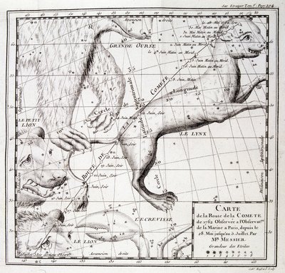 Karte des Kometenwegs von 1762 und Himmelskarte, beobachtet von Messier - Gravur von Unknown artist