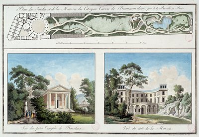 Karte des Gartens und Hauses des französischen Schriftstellers und Dramatikers Pierre Augustin Caron de Beaumarchais (1732-1799) am heutigen Boulevard Beaumarchais in Paris. Gravur um 1795. Paris, Musée Carnavalet von Unknown artist
