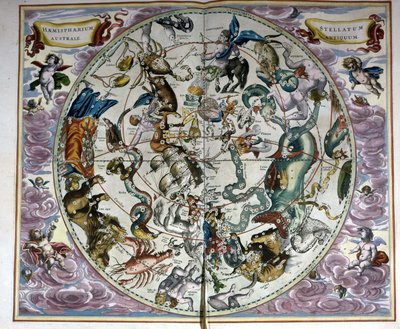 Himmelskarte und Tierkreiszeichen - Faksimile einer antiken Komposition, die die Sternbilder des Südhimmels darstellt, nach der „Harmonia Macrocosmica“ von André Cellarius von Unknown artist