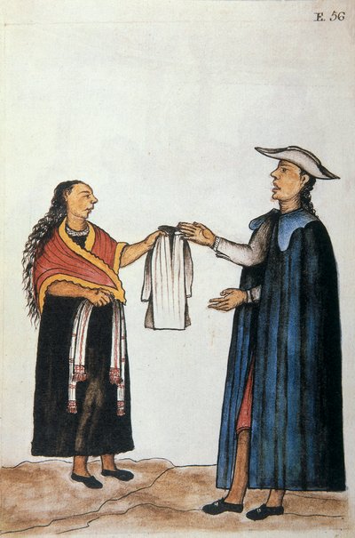 Heiratsvereinbarung zwischen Indianern, Verhandlung über die Aussteuer der Braut, aus dem Buch "Trujillo del Peru" oder "Códice Martínez Compañón", von Baltazar Martinez Compañón y Bujanda, Bischof von Trujillo (1782-1785) von Unknown artist