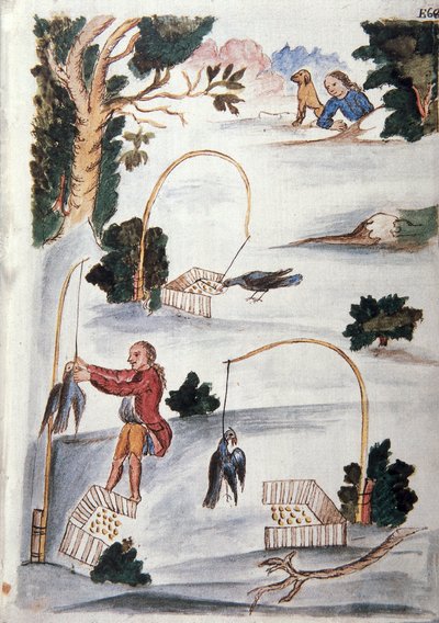Methode zum Fangen von Vögeln mit dem Lasso, aus dem Buch "Trujillo del Peru" oder "Códice Martínez Compañón", von Baltazar Martinez Compañón y Bujanda, Bischof von Trujillo (1782-1785) von Unknown artist