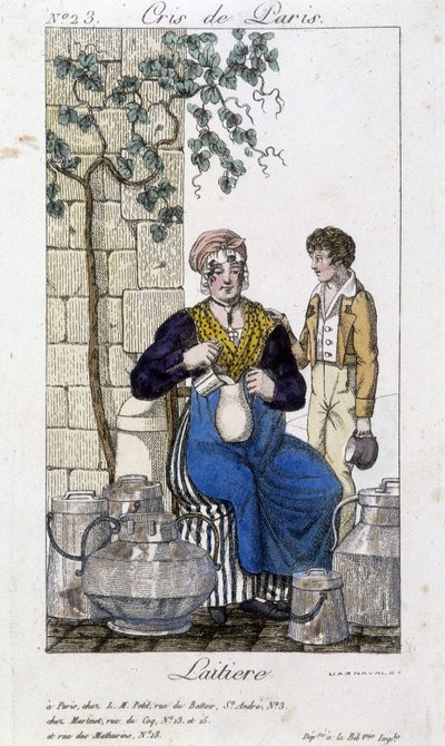 Milchmädchen gießt Milch in eine Flasche für einen jungen Mann - in „Cris de Paris“, Anfang 19. Jahrhundert von Unknown artist