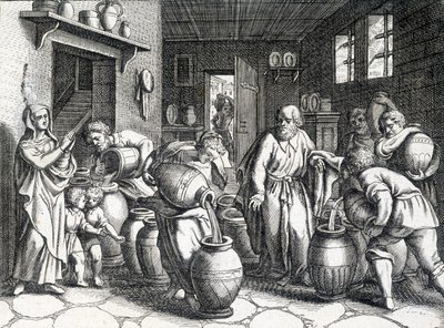 Wunder von Elisee, biblischer Prophet und Jünger von Elia, der mit seinem Mantel seinen Geist und seine Kräfte auf ihn überträgt. Gravur von 1724 von Unknown artist