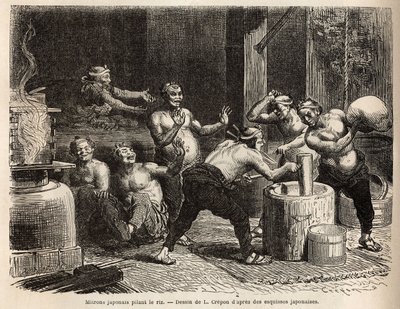 Mitrons, die Reis stampfen, bevor er gebraut wird, um Reisbier herzustellen. Gravur zur Illustration der Reise nach Japan, von Aime Humbert, Minister der Schweizerischen Eidgenossenschaft, 1863-1864, veröffentlicht in „Le tour du monde“ 1869, herausgegeben von Unknown artist