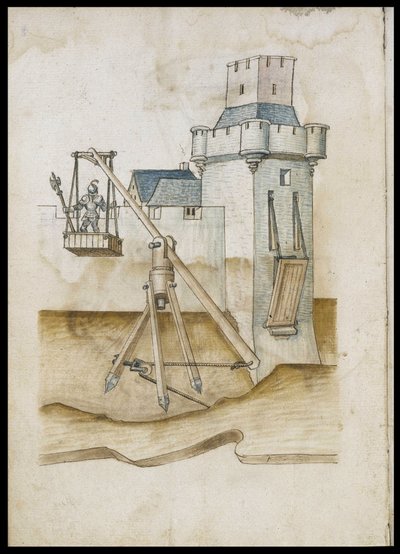 Grabenübergangssystem durch Hebel - Manuskript: Pergamentblatt eines Ingenieurhandbuchs für den Bau ziviler, religiöser und militärischer Gebäude, anonym, spätes 15. Jahrhundert (Figur in chinesischer Tinte) von Unknown artist
