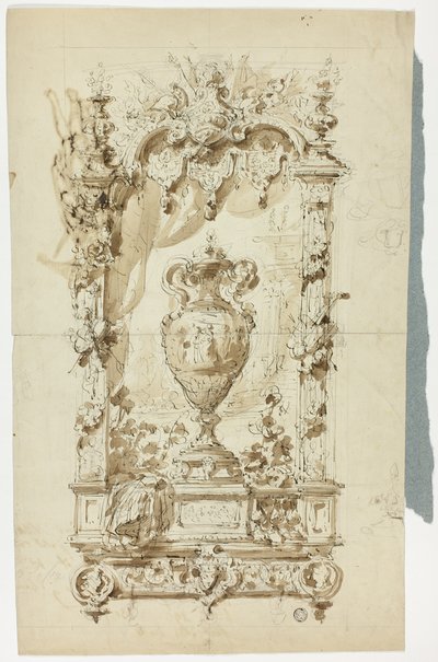 Monumentale Vase in Zierrahmen (recto); Skizze eines stehenden Mannes mit Sonnenschirm und Papagei, und Architekturstudien (verso) von Unknown artist