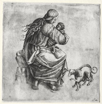 Mutter und Kind mit zwei Hunden von Unknown artist