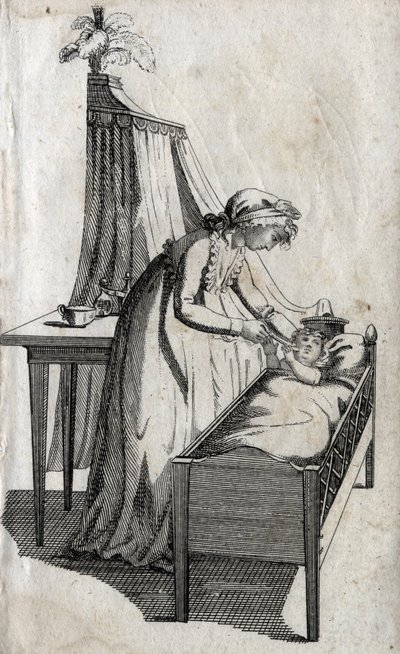Mutter und Baby in einer Wiege. Gravur Ende des 18. Jahrhunderts. Private Sammlung von Unknown artist