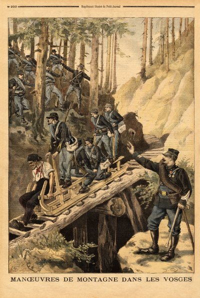 Gebirgsmanöver in den Vogesen eines Bataillons von Alpenjägern mit einer Anfrage für eine Schlitte, Schlitten für die Holzernte. Gravur in „Le petit journal“ 19/07/1896. Sammlung Selva. von Unknown artist