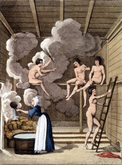 Nackte Figuren in einer finnischen Sauna. Gravur von 1811, beinhaltet ein Buch über die Reise. von Unknown artist