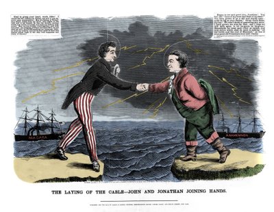 Am 17.08.1858 wurde die erste transatlantische Nachricht ausgetauscht: Zwei allegorische Figuren, die John (England) und Jonathan (Vereinigte Staaten) darstellen, gratulierten sich gegenseitig zum Erfolg des Unterwasserkabelbruchs zwischen Europa und der N von Unknown artist