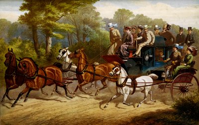 Auf dem Weg zum Derby. Fiaker und Omnibus, gezogen von Pferden, auf dem Weg zu einem Derby von Unknown artist