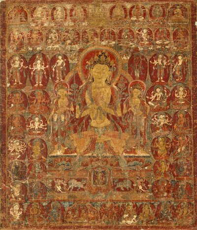 Gemaltes Banner (Thangka) des Bodhisattva Manjushri mit Vajrapani (rechts) und Padmapani (links) von Unknown artist