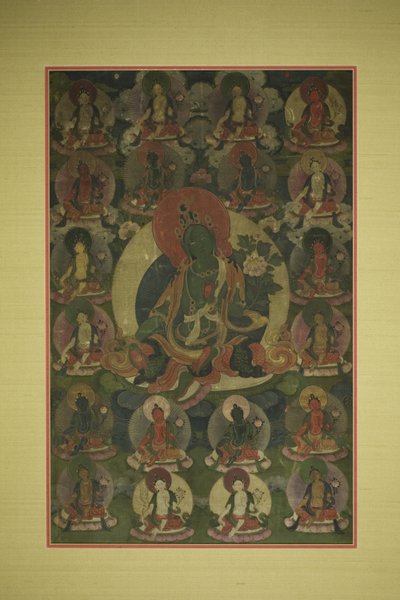 Gemaltes Banner (Thangka) von Grüner Tara umgeben von zwanzig Manifestationen von Unknown artist