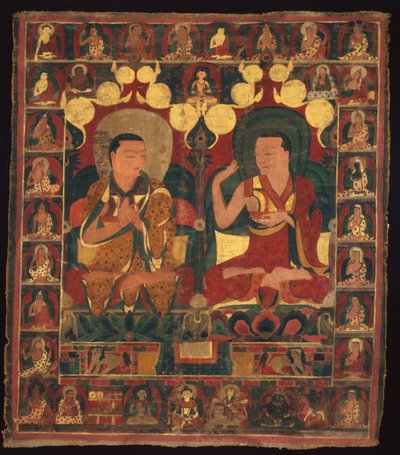Gemaltes Banner (Thangka) der Linienmalerei von zwei Lamas in Debatte von Unknown artist
