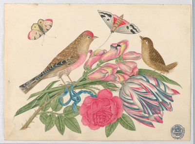 Paar braune Vögel auf einem Strauß mit Tulpe, Rose und Löwenmäulchen, mit Schmetterlingen von Unknown artist