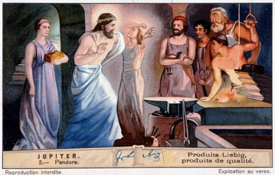 Pandora, die erste Frau, erschaffen auf Befehl von Jupiter - Liebig Chromolithographie von Unknown artist