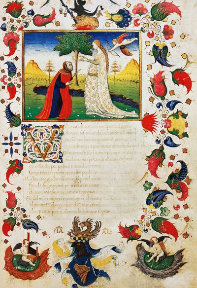 Petrarca von Cupidos Pfeil getroffen und mit Lorbeerkrone, Einleitung zum Sonett 