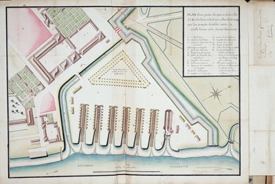 Plan eines Teils des Hafens und der Stadt Rochefort in Bezug auf die vorgeschlagenen Strandungsspuren zwischen der alten Form und dem Nahrungsmittelkanal von Unknown artist
