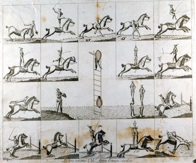 Tafel mit 19 Drucken, die die Heldentaten des englischen Voltigeurs Mr. Price darstellen. Um 1790 von Unknown artist