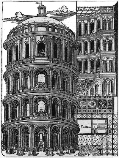 Tafel aus dem Buch „De architectura“, behandelt die Architektur von Marcus Vitrubius Pollio genannt Vitruv (1. Jahrhundert v. Chr.), römischer Architekt. Italienische Ausgabe von Gianbaptista Caporali di Perugia 1536 von Unknown artist
