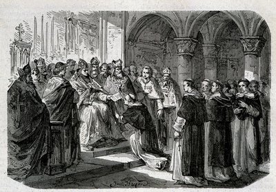 Papst Adrian II. (792-872) übergab einem seiner Legaten eine Exkommunikationsbulle gegen Lord Normand. Gravur - in „Geschichte der Päpste“, sd. 19. Jahrhundert von Unknown artist